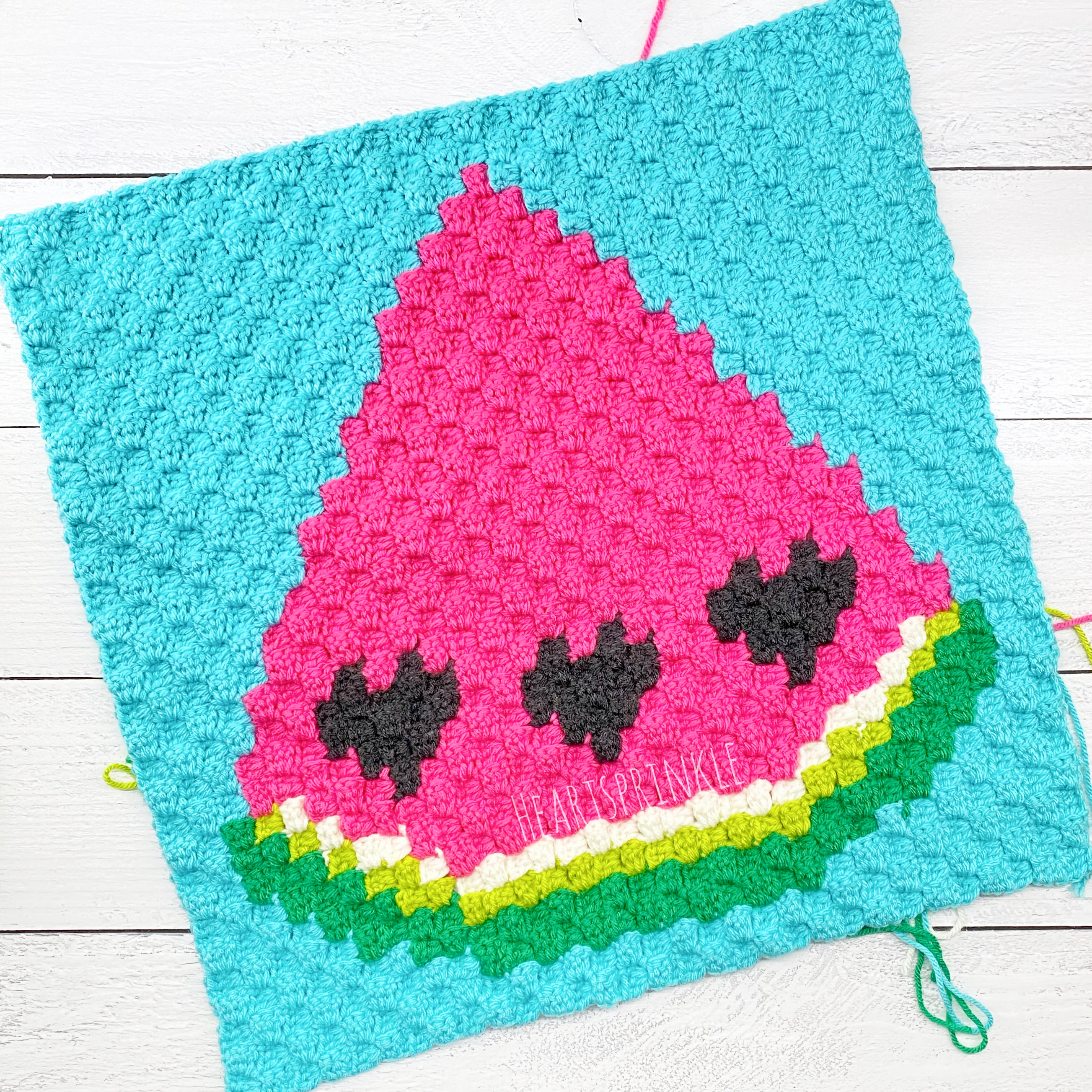 Free Crochet Watermelon corner to corner square- Heartsprinkle Summer Beach Bum C2C Blanket Pattern